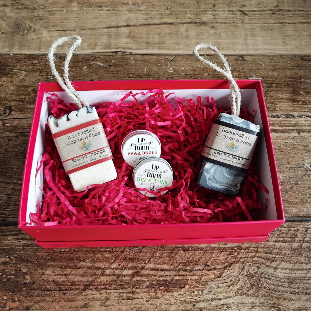 Two handmade soap on a rop and lip balm gift set